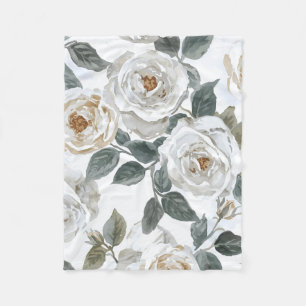 Garden Roses White Watercolor Floral Vintage Fleece Blanket