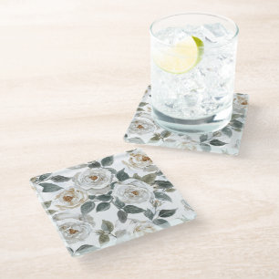 Garden Roses   White Watercolor Floral Vintage Glass Coaster