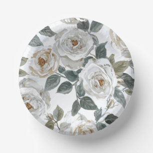 Garden Roses   White Watercolor Floral Vintage Paper Plate
