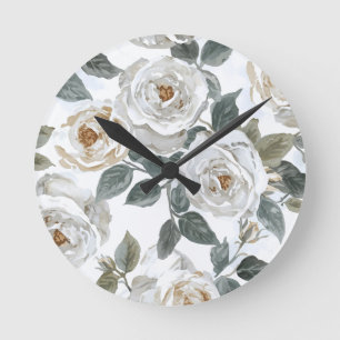 Garden Roses   White Watercolor Floral Vintage Round Clock