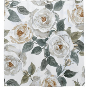 Garden Roses   White Watercolor Floral Vintage Shower Curtain
