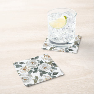 Garden Roses   White Watercolor Floral Vintage Square Paper Coaster