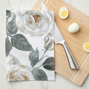 Garden Roses White Watercolor Floral Vintage Tea Towel