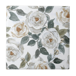 Garden Roses   White Watercolor Floral Vintage Tile