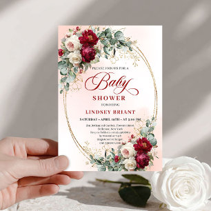 Garden Rustic Burgundy Peonies Baby Shower Invite