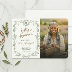Garden Sage Gold 80th Birthday Horizontal Photo Invitation