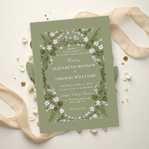 Garden Sage Green White Elegant Whimsical Wedding Invitation