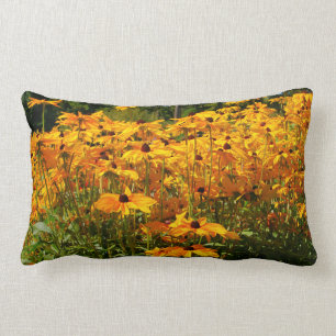 garden scene, golden illuminating yellow flowers lumbar cushion