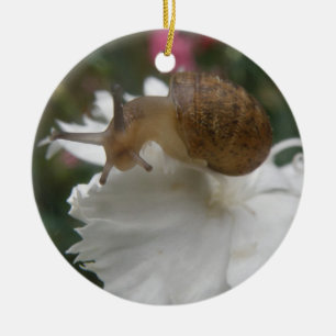 Garden Snail and White Carnation Custom Birthday Ceramic Tree Decoration
