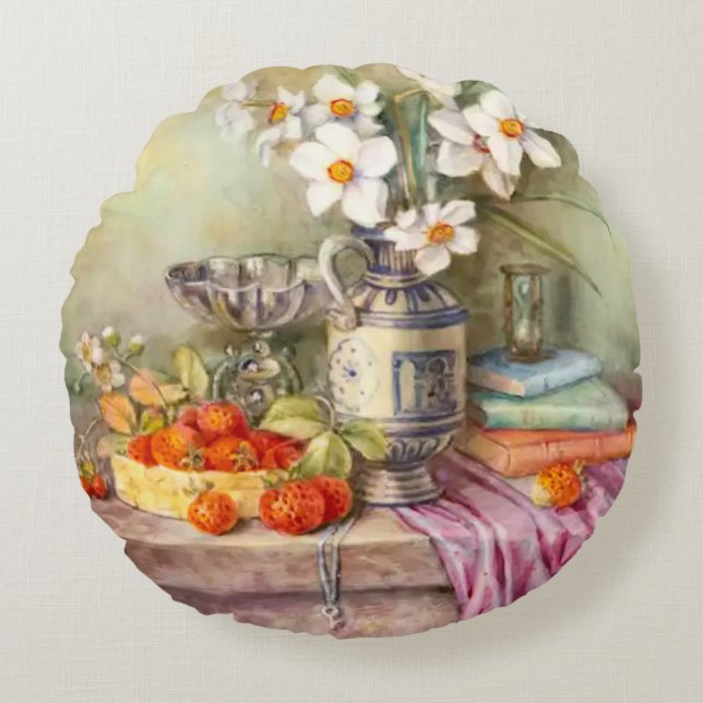Garden Spring White Daffodils and Strawberries Round Cushion (Front)