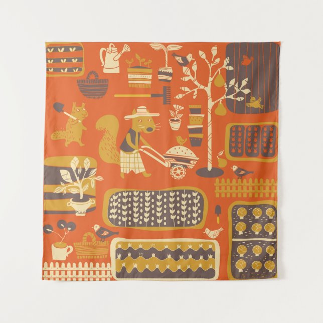 Garden Squirrels: Whimsical Animal Scene Tapestry (Front)