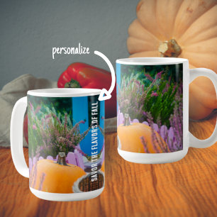 Garden still life with an orange pumpkin coffee mug