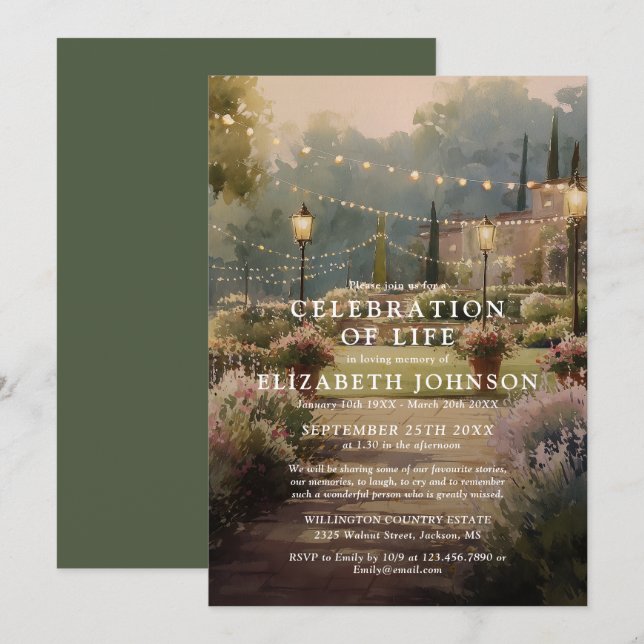 Garden String Lights Celebration of Life Funeral Invitation (Front/Back)