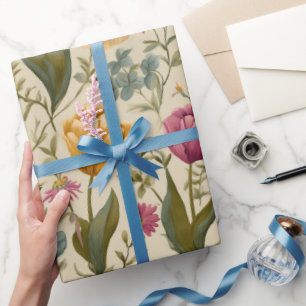 Garden Style Multicolor Tulip Ivory Floral Pattern Wrapping Paper