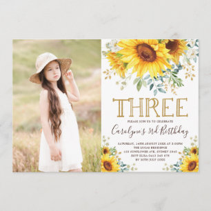 Garden Sunflowers Greenery 3rd Birthday Photo Invitation