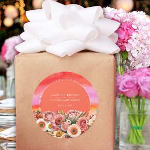 Garden Sunrise Pink Orange Modern Floral Wedding Classic Round Sticker
