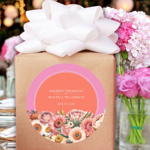 Garden Sunrise Pink Orange Modern Floral Wedding Classic Round Sticker