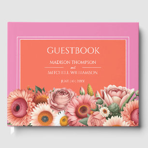 Garden Sunrise Pink Orange Modern Floral Wedding  Guest Book
