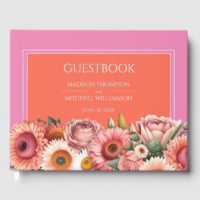 Garden Sunrise Pink Orange Modern Floral Wedding  Guest Book (Front)