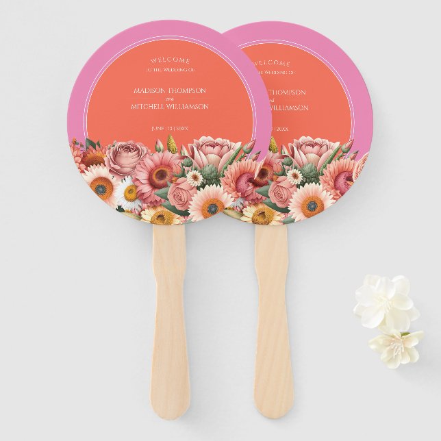 Garden Sunrise Pink Orange Modern Floral Wedding  Hand Fan (Front and Back)