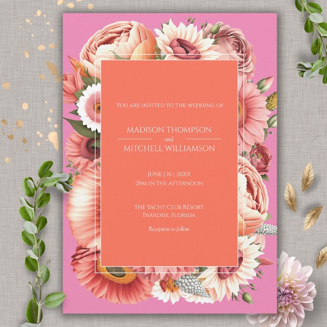 Garden Sunrise Pink Orange Modern Floral Wedding  Invitation (Creator Uploaded)
