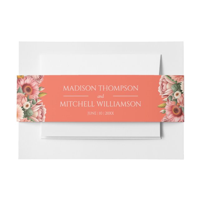 Garden Sunrise Pink Orange Modern Floral Wedding  Invitation Belly Band (Front Example)