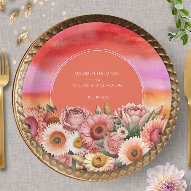 Garden Sunrise Pink Orange Modern Floral Wedding  Paper Plate (Creator Uploaded)