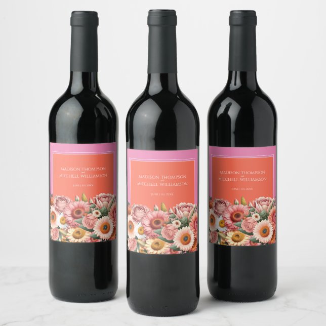 Garden Sunrise Pink Orange Modern Floral Wedding  Wine Label (Bottles)