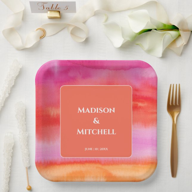 Garden Sunrise Pink Orange Watercolor Wedding Paper Plate (Wedding)
