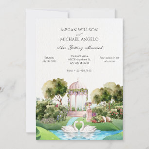 Garden swan minimalist elegant wedding invitation