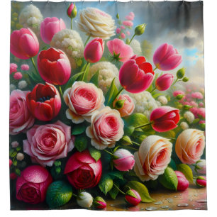 “Garden Symphony: Raindrops on Roses and Tulips" Shower Curtain