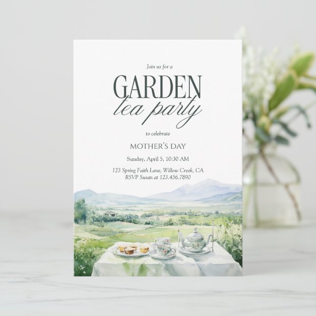 Garden Tea Party Watercolor Elegant Mother’s Day Invitation (Standing Front)