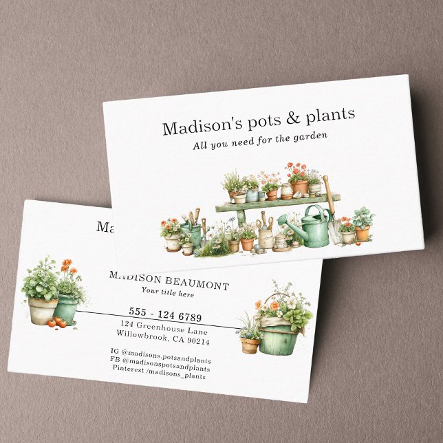 Garden tools pots and plants waterolor business card (Creator Uploaded)