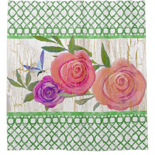 Garden Trellis Modern Floral w Butterfly n Wood Shower Curtain (Front)