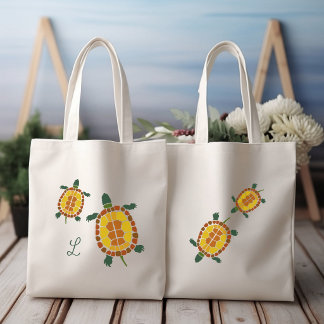 Garden Turtles Hand Drawn Personal Initial Tote Bag