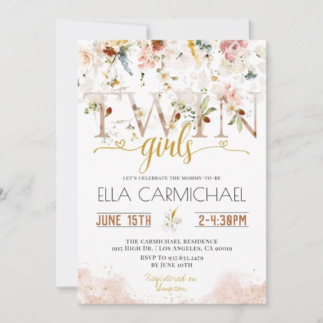 Garden Twins Girls Baby Shower Invitation (Front)