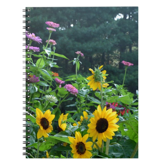 Garden View- sunflower, daisies, cosmos Spiral Notebook (Front)