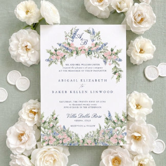 Garden Villa Wedding Floral Monogram Crest Invitation