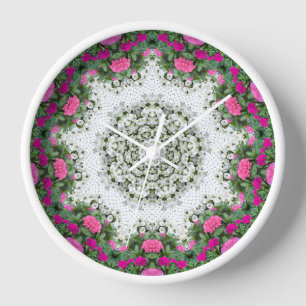Garden Water Fountain Pink Flowers Mandala Design Clock
