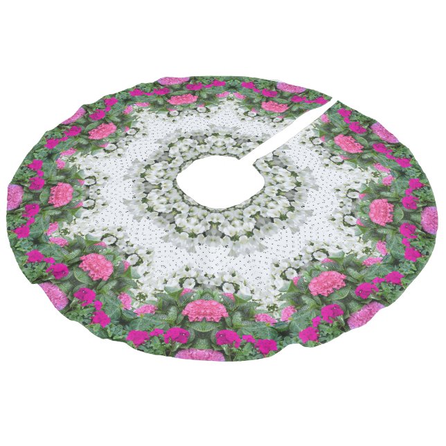Garden Water Fountain Pink Flowers Mandala Design Faux Linen Tree Skirt (Angled)