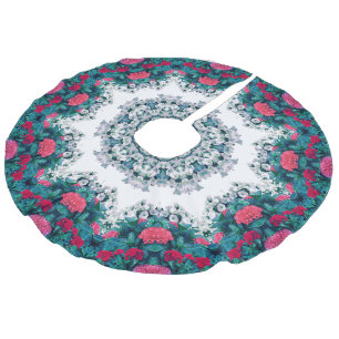 Garden Water Fountain Red Flowers Mandala Design Faux Linen Tree Skirt