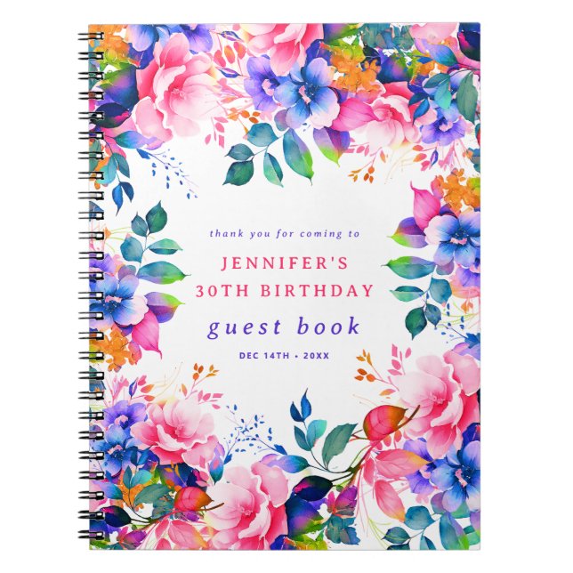Garden Watercolor Floral 30th Birthday Guest Book (Front)