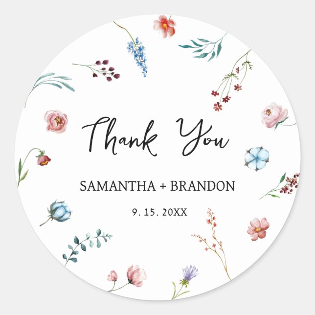 Garden Watercolor Wildflowers Wedding Classic Round Sticker (Front)