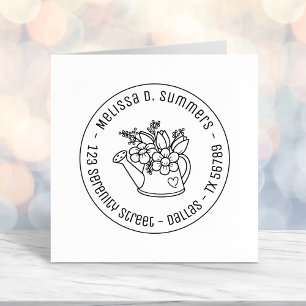 Garden Watering Can Flowers Round Address 4 Self-inking Stamp