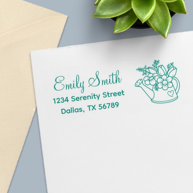 Garden Watering Can with Flowers Address Self-inking Stamp (Creator Uploaded)