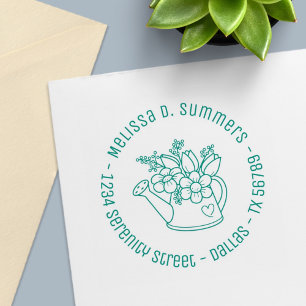 Garden Watering Can with Flowers Round Address 2 Self-inking Stamp