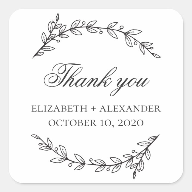 Garden wedding. Black and white botanic thank you Square Sticker (Front)