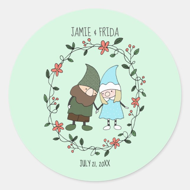 Garden Wedding Nordic Gnomes Couple Custom Favor Classic Round Sticker (Front)