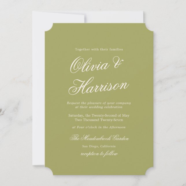 Garden Wedding Olive Green Elegant Invitation (Front)