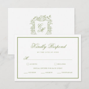 Garden Wedding Sage Green Monogram Crest RSVP Card